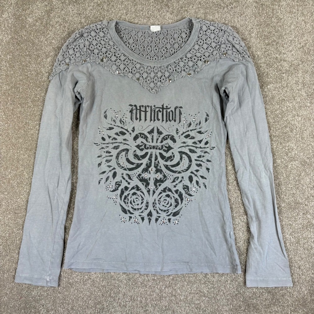 Affliction Gray Long Sleeve Graphic Crochet Lace Studded Rhinestone Cross